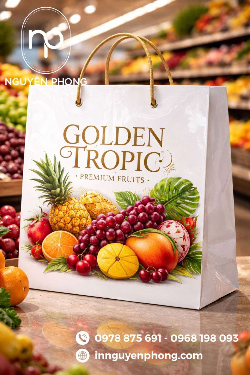 Mẫu túi giấy đựng hoa quả in hình sắc nét 